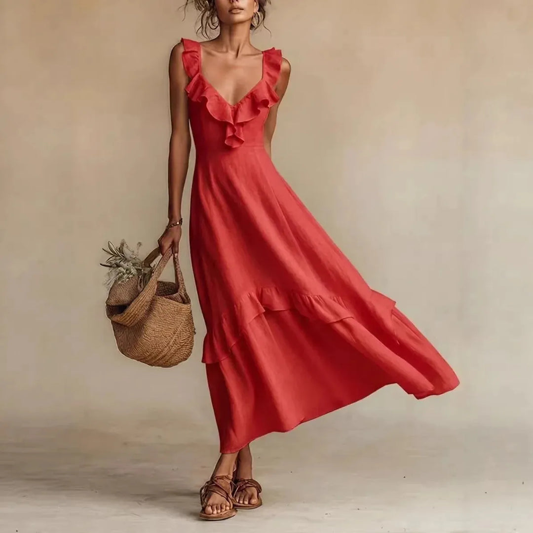 Women's V-Neck Summer Maxi Wedding Guest Dresses with Ruffle Detail