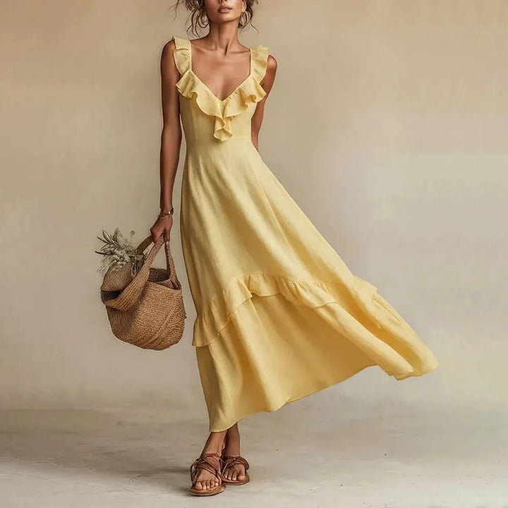Women's V-Neck Summer Maxi Wedding Guest Dresses with Ruffle Detail