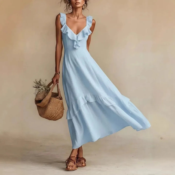 Women's V-Neck Summer Maxi Wedding Guest Dresses with Ruffle Detail