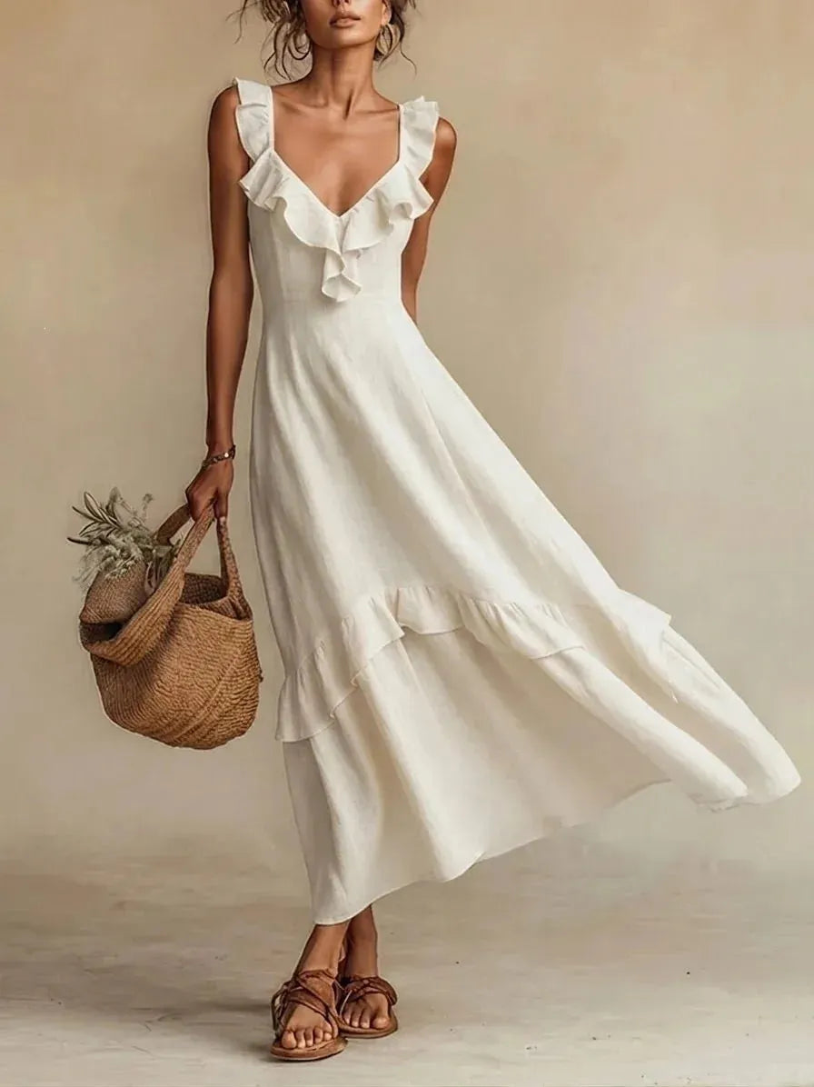 Women's V-Neck Summer Maxi Wedding Guest Dresses with Ruffle Detail
