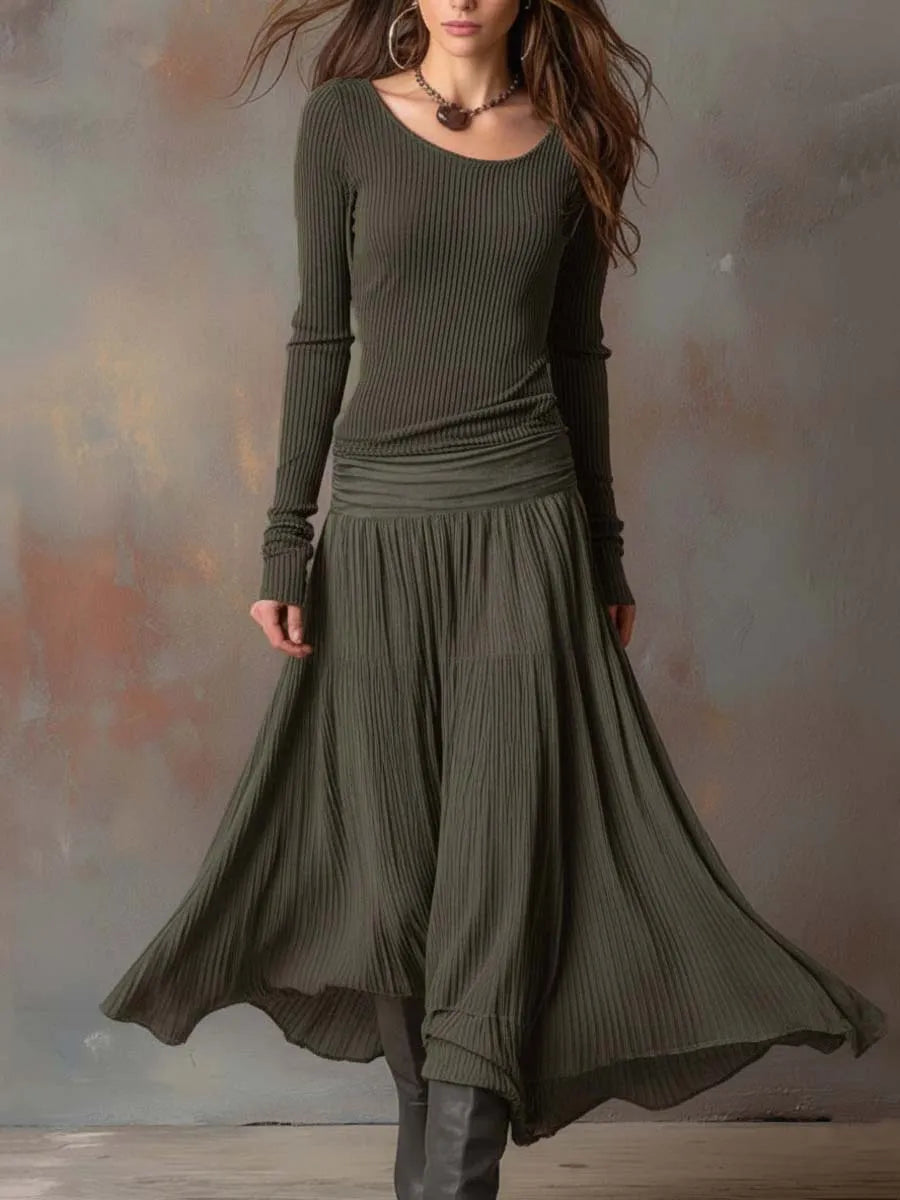 Women's Vintage Long Sleeve Maxi Wedding Guest Dress with Pleated Detail