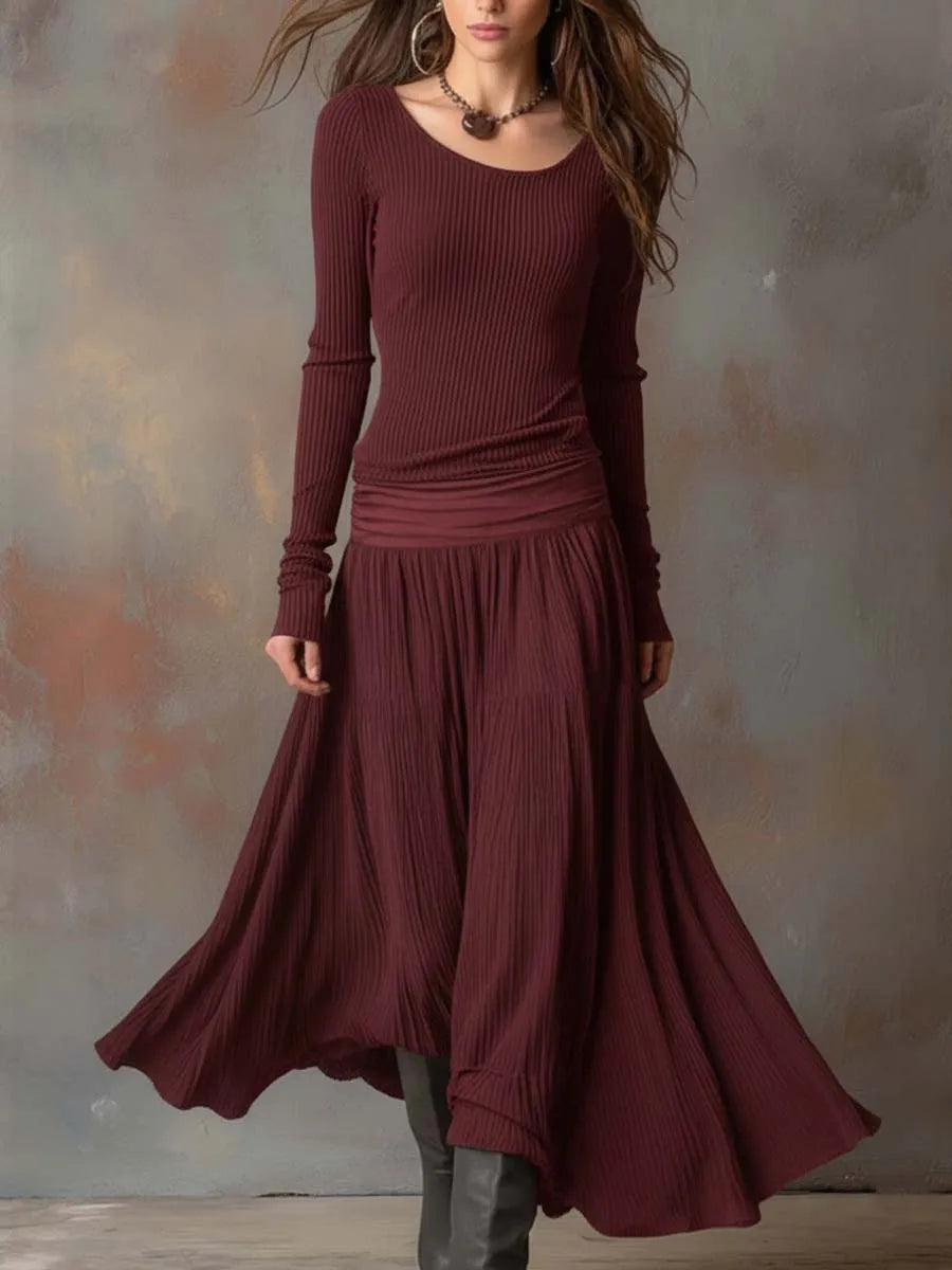 Women's Vintage Long Sleeve Maxi Wedding Guest Dress with Pleated Detail