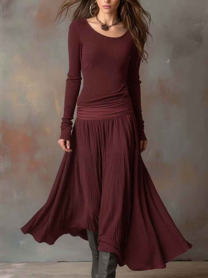 Women's Vintage Long Sleeve Maxi Wedding Guest Dress with Pleated Detail