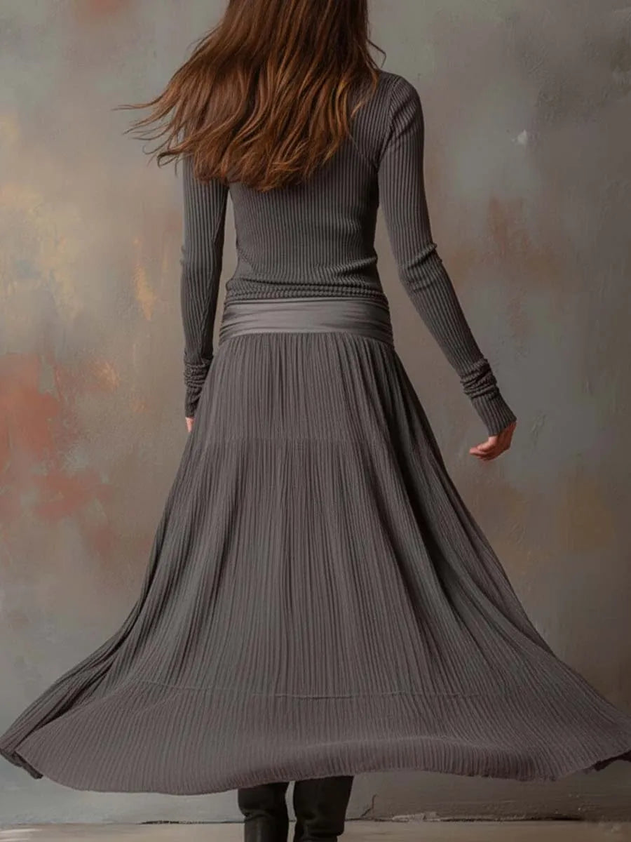 Women's Vintage Long Sleeve Maxi Wedding Guest Dress with Pleated Detail