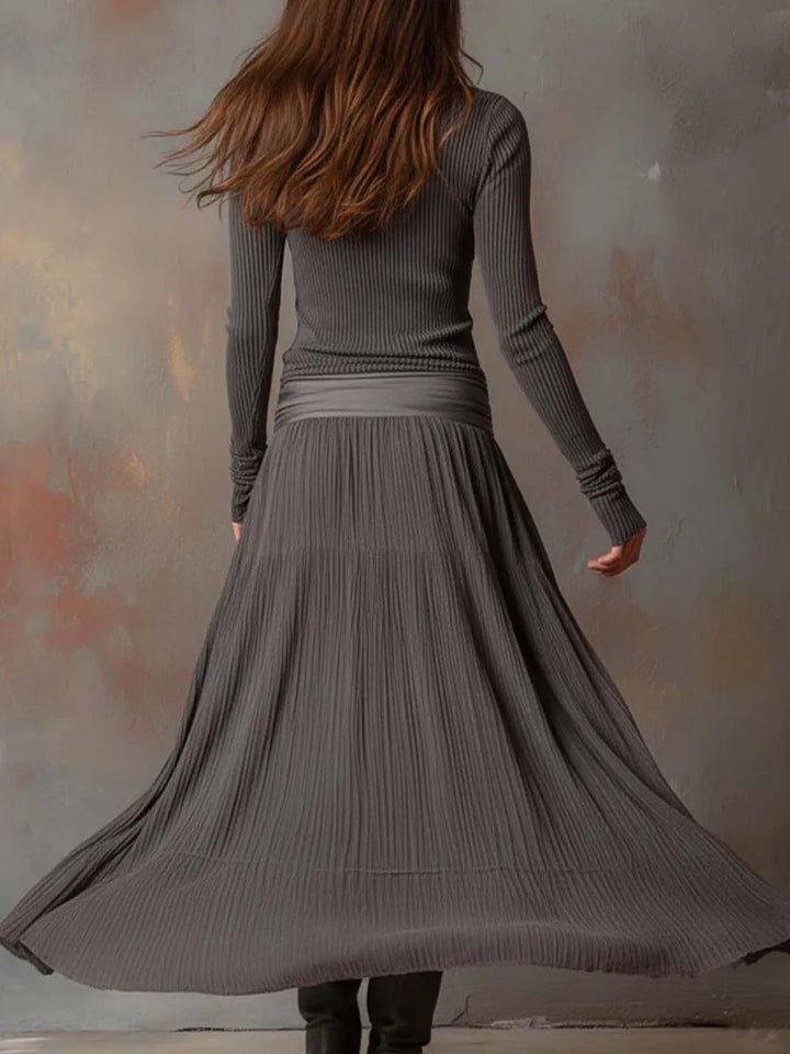 Women's Vintage Long Sleeve Maxi Wedding Guest Dress with Pleated Detail