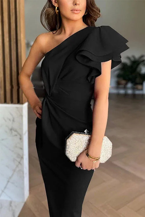 Women's Elegant Bodycon Maxi Wedding Guest Dress with One Shoulder