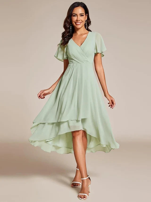 Women's Elegant Flowy Wedding Guest Dress with Flutter Sleeves