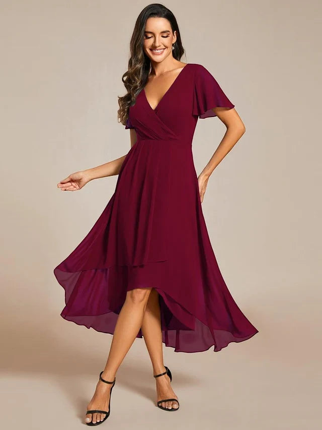 Women's Elegant Flowy Wedding Guest Dress with Flutter Sleeves