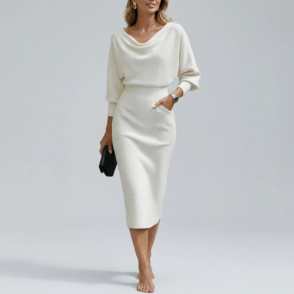 Women's Elegant Formal Midi Wedding Guest Dress with Draped Neckline