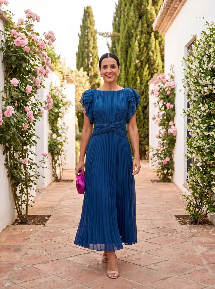 Women's Elegant Pleated Maxi Wedding Guest Dress with Flutter Sleeve