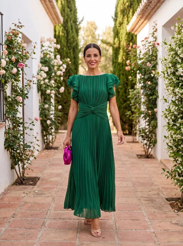 Women's Elegant Pleated Maxi Wedding Guest Dress with Flutter Sleeve