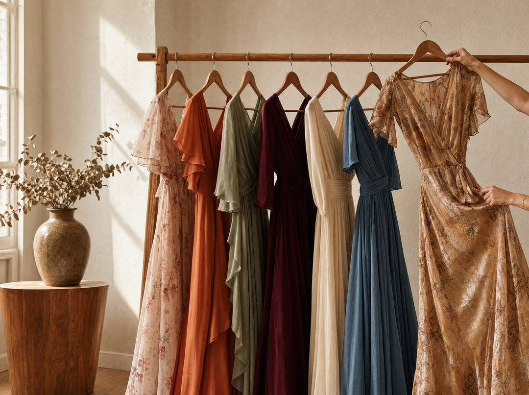 A curated rail of wedding guest and cocktail dresses in a bright studio, one dress being lifted off the rail