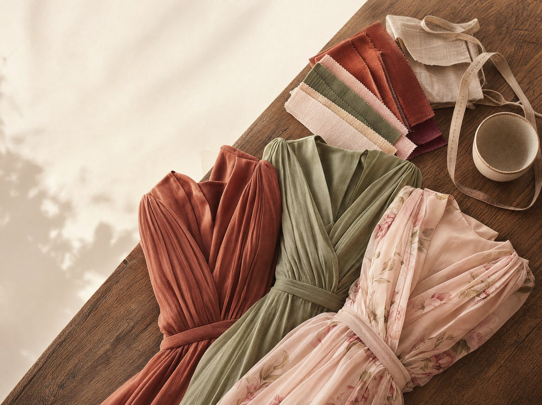 Three folded dresses in terracotta, sage green and blush floral next to fabric swatches and a tape measure