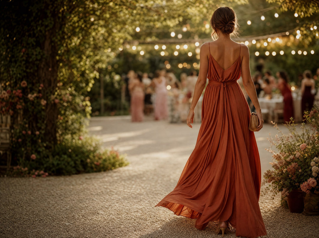 A woman in a flowing terracotta maxi dress walking into a garden wedding reception at golden hour