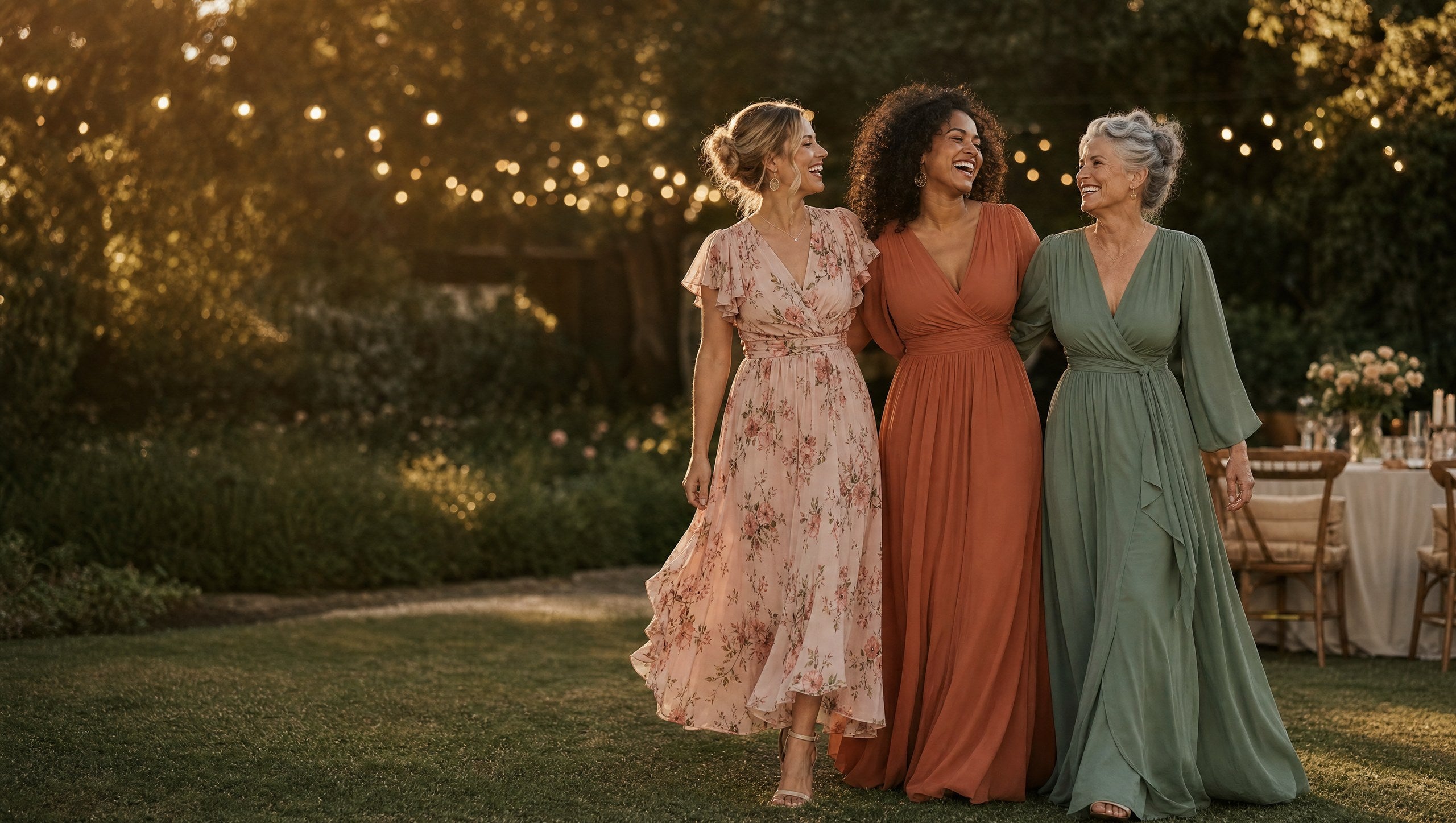 Three women in flowing wedding guest dresses at a garden reception at golden hour