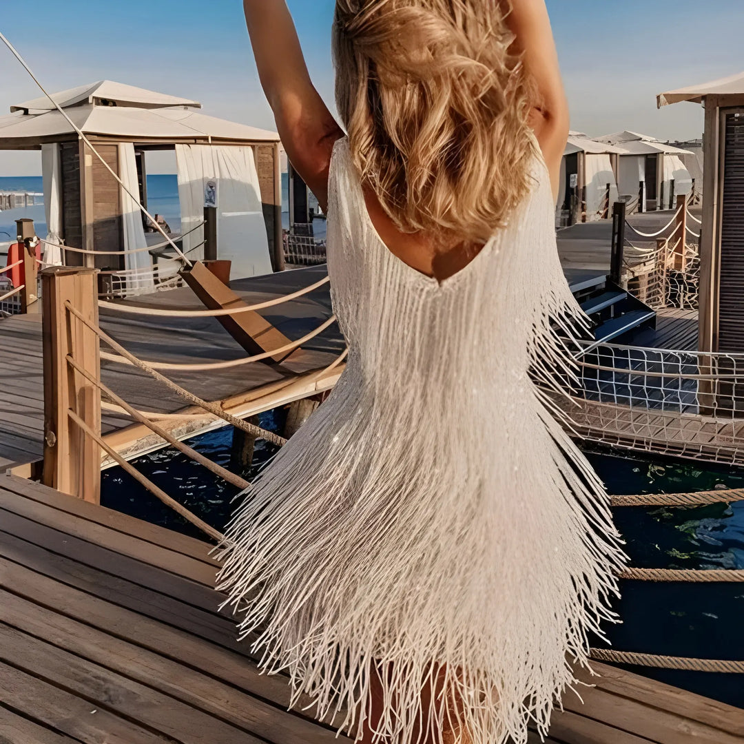 Women's Sequin Bodycon Mini Cocktail Dress with V Neck and Fringe