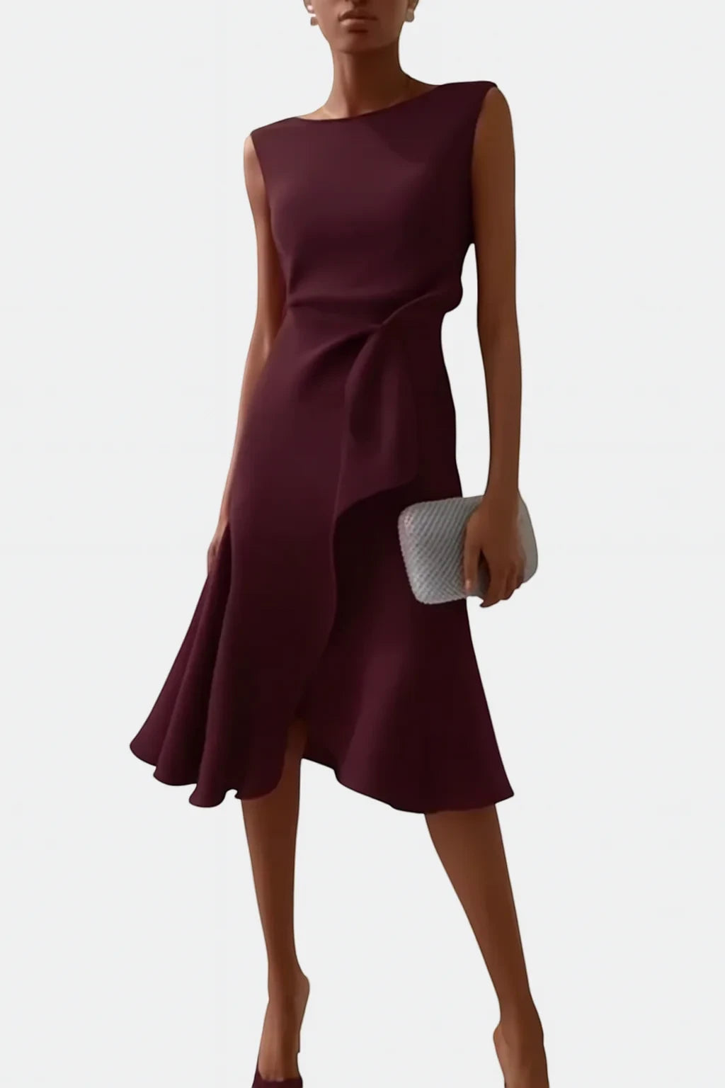Women's Elegant Flowy Midi Wedding Guest Dress with Boat Neck
