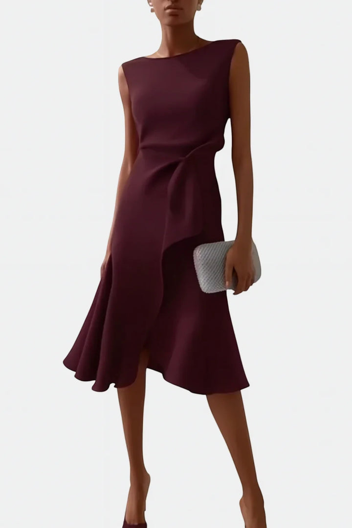 Women's Elegant Flowy Midi Wedding Guest Dress with Boat Neck