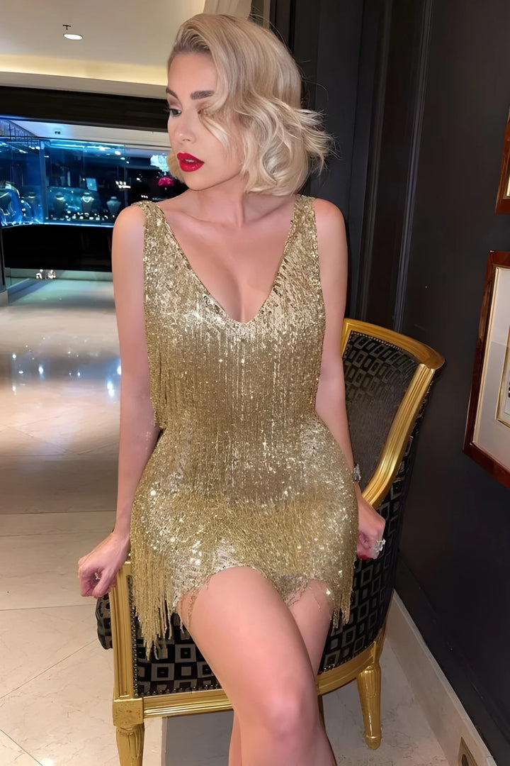 Women's Sequin Bodycon Mini Cocktail Dress with V Neck and Fringe