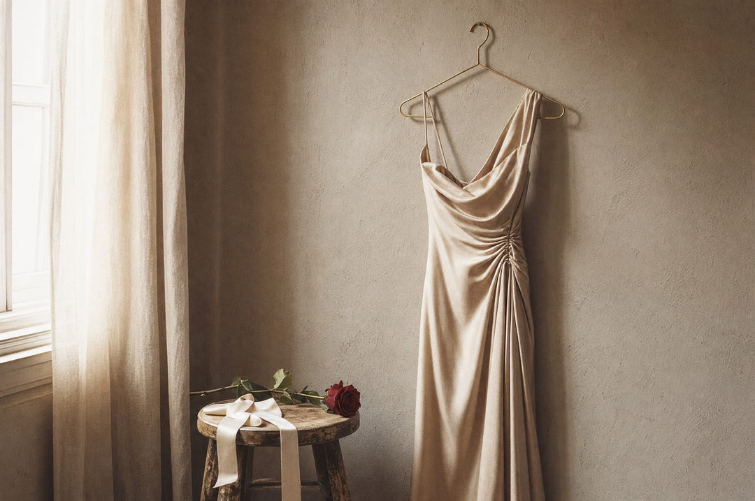 Champagne occasion dress on a brass hanger against a warm plaster wall