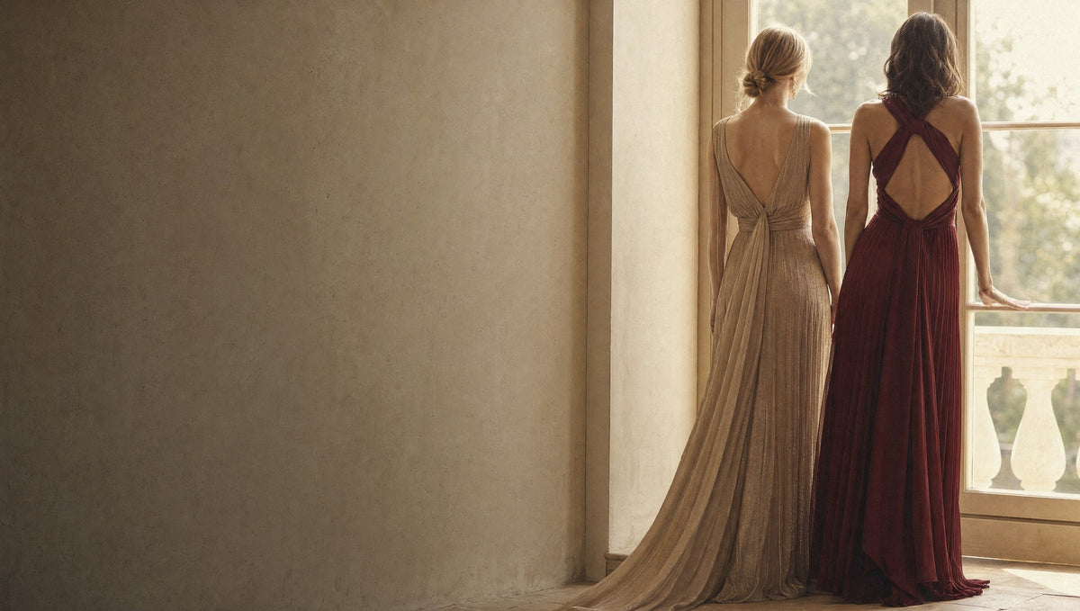 Two women in champagne and wine occasion dresses at a tall window