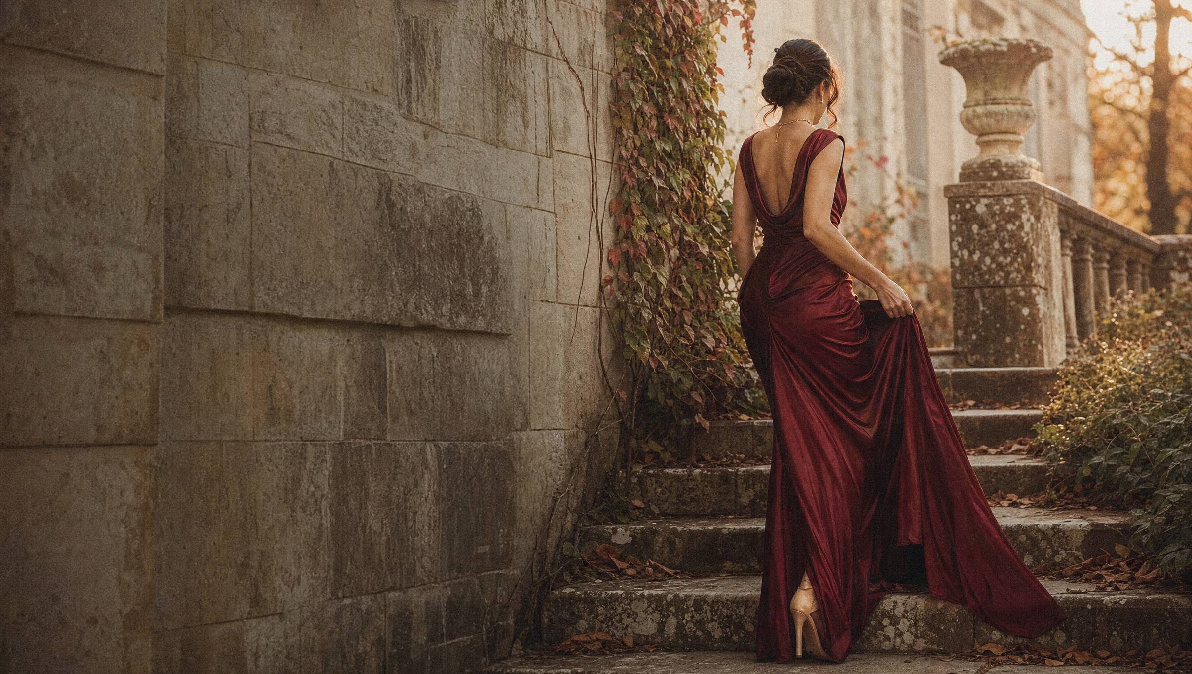 Woman in a deep wine occasion dress on stone steps surrounded by early autumn foliage