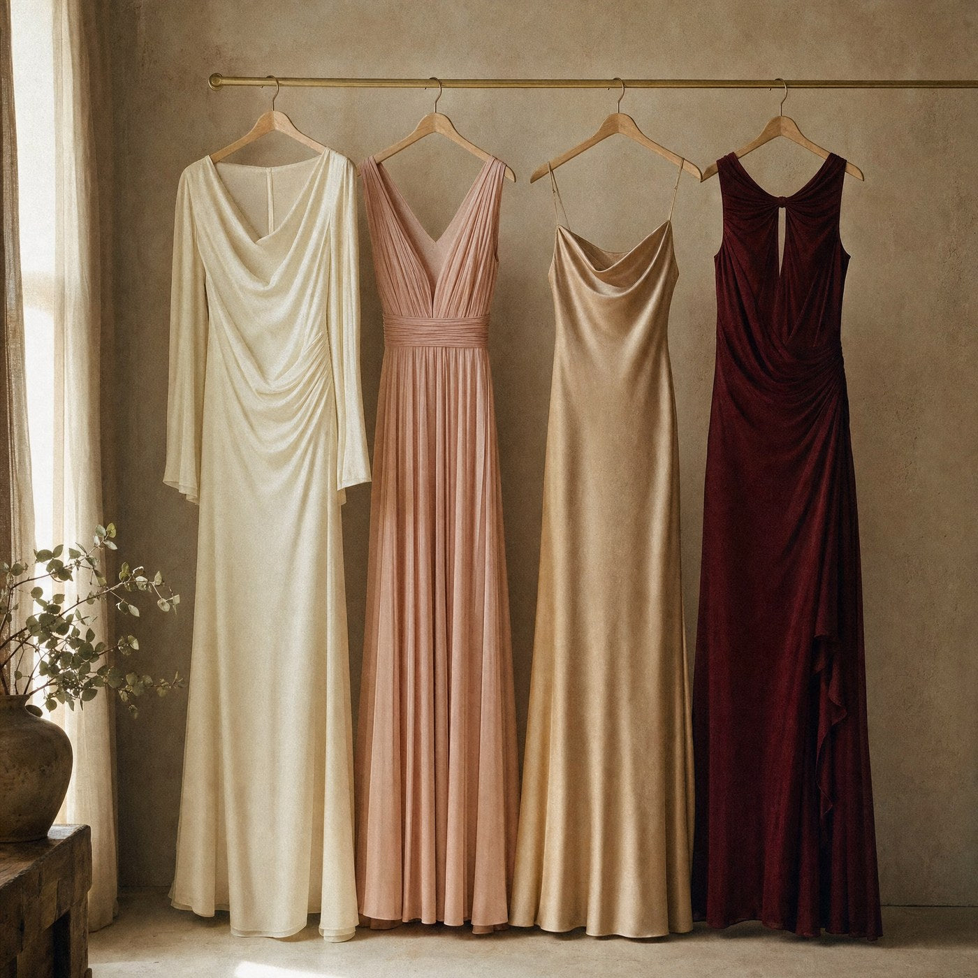 Four occasion dresses in cream, blush, champagne and wine on a brass rail