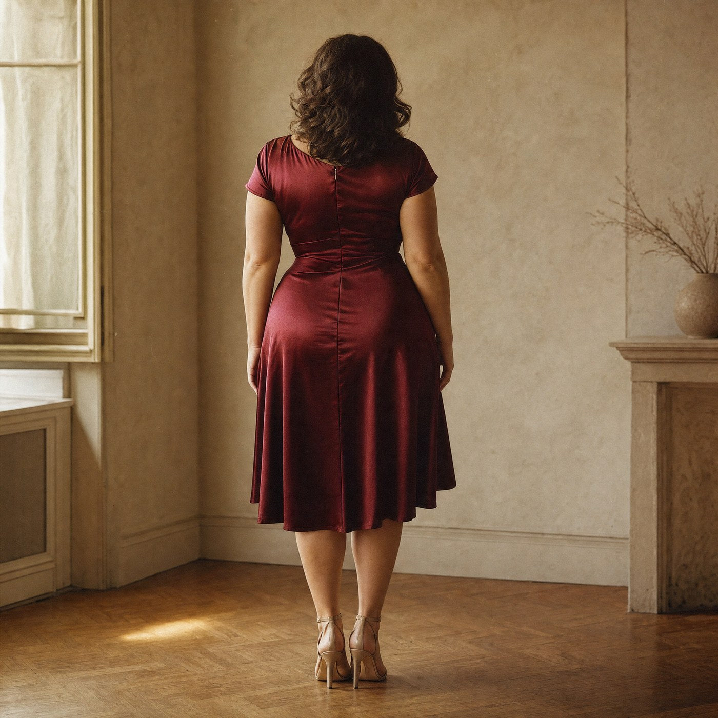 Deep wine satin cocktail dress in a warm room