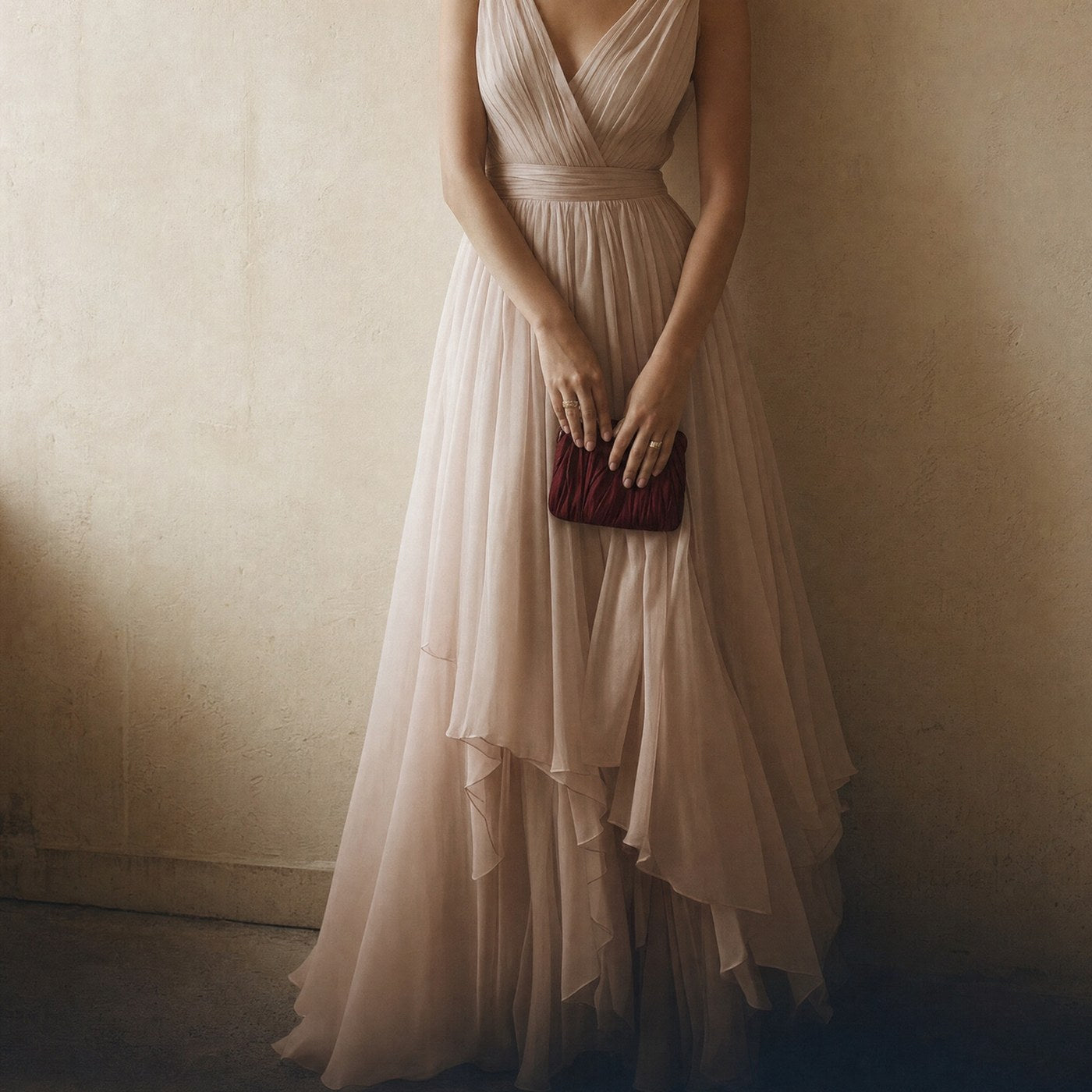 Blush chiffon wedding guest dress against a warm plaster wall