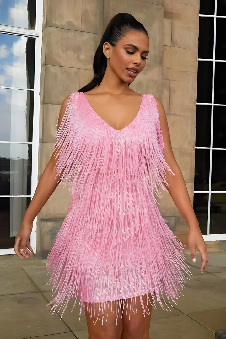 Women's Sequin Bodycon Mini Cocktail Dress with V Neck and Fringe