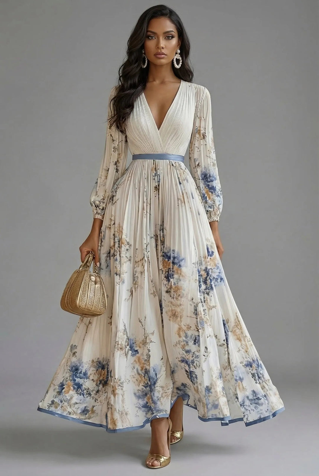 Women's Long Sleeve Floral Maxi Wedding Guest Dress with V-Neck