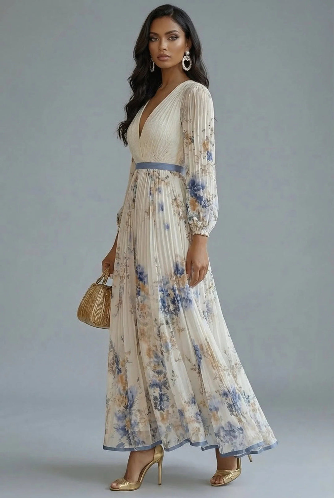 Women's Long Sleeve Floral Maxi Wedding Guest Dress with V-Neck