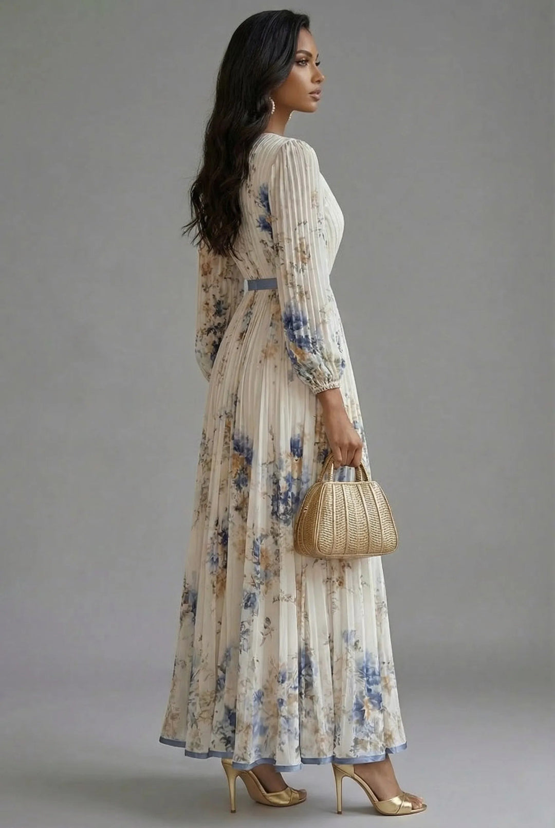 Women's Long Sleeve Floral Maxi Wedding Guest Dress with V-Neck
