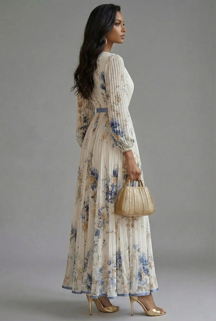 Women's Long Sleeve Floral Maxi Wedding Guest Dress with V-Neck