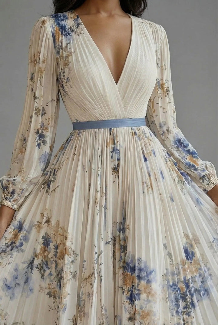 Women's Long Sleeve Floral Maxi Wedding Guest Dress with V-Neck