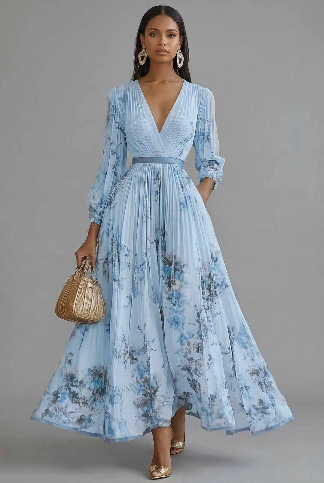 Women's Long Sleeve Floral Maxi Wedding Guest Dress with V-Neck