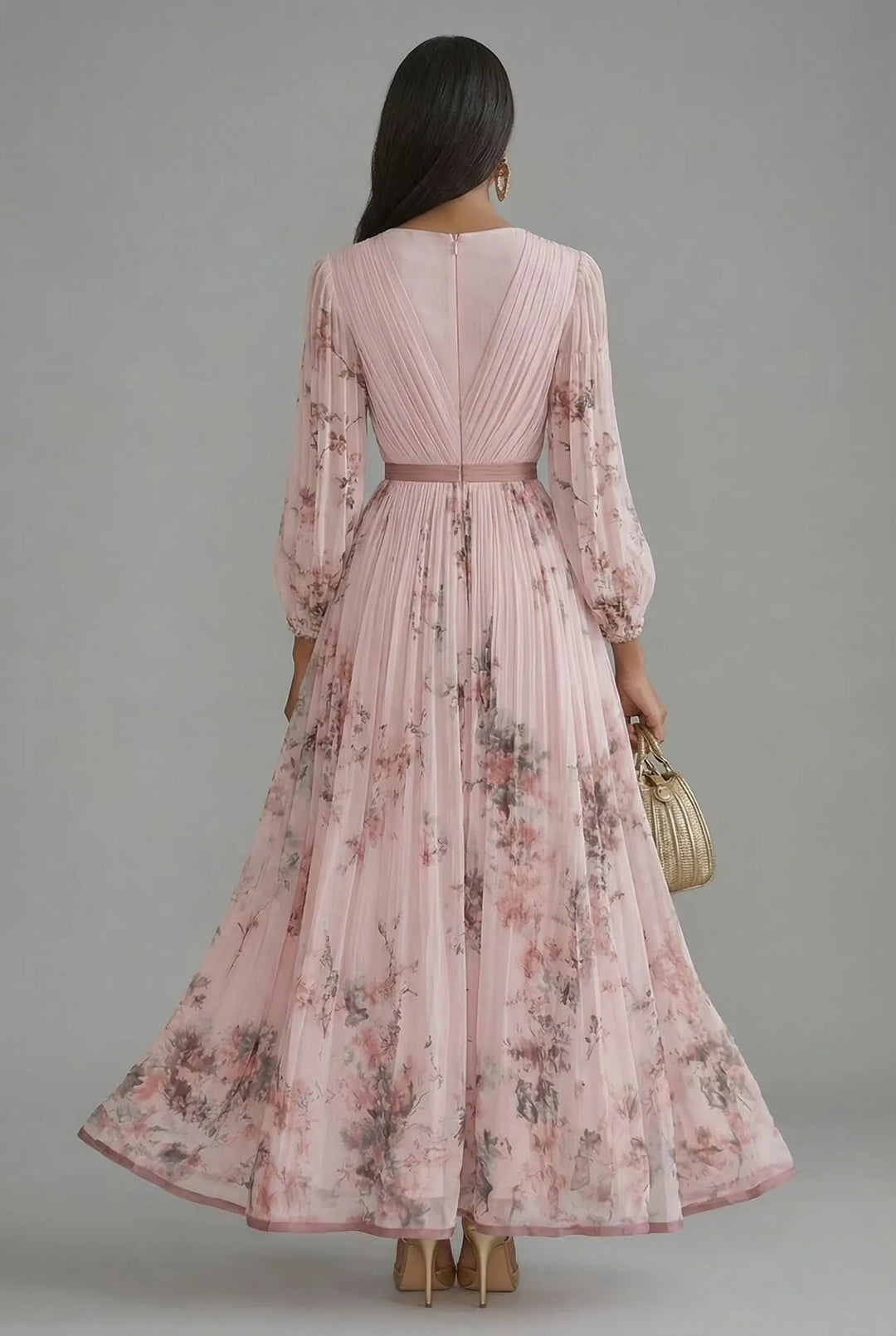 Women's Long Sleeve Floral Maxi Wedding Guest Dress with V-Neck