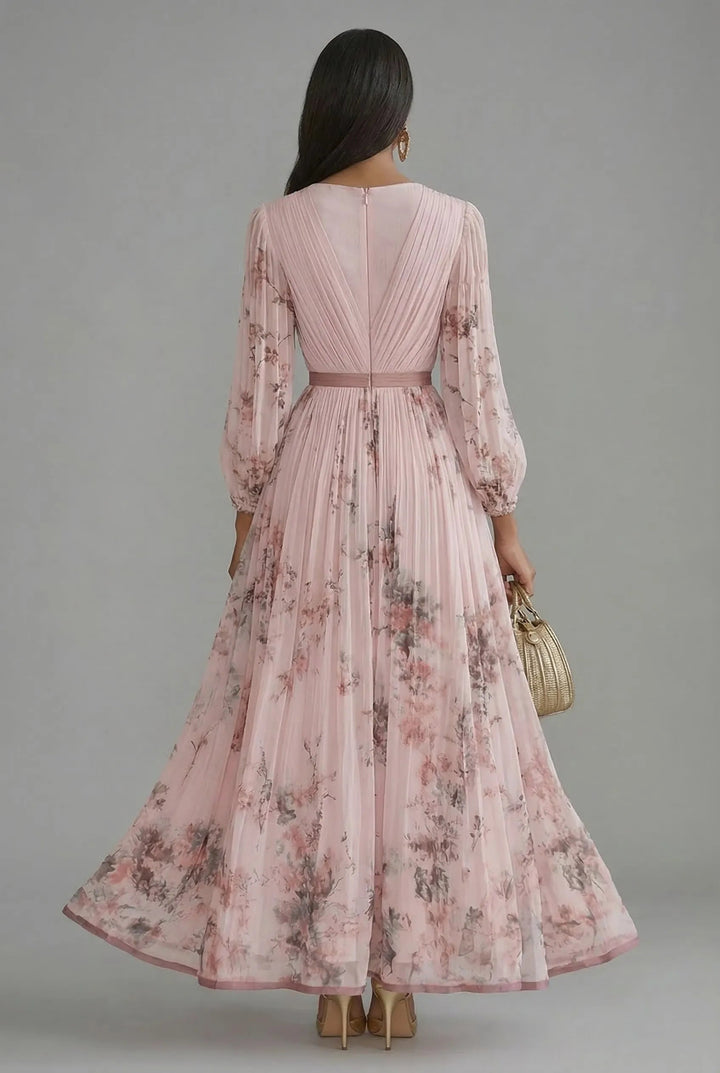 Women's Long Sleeve Floral Maxi Wedding Guest Dress with V-Neck