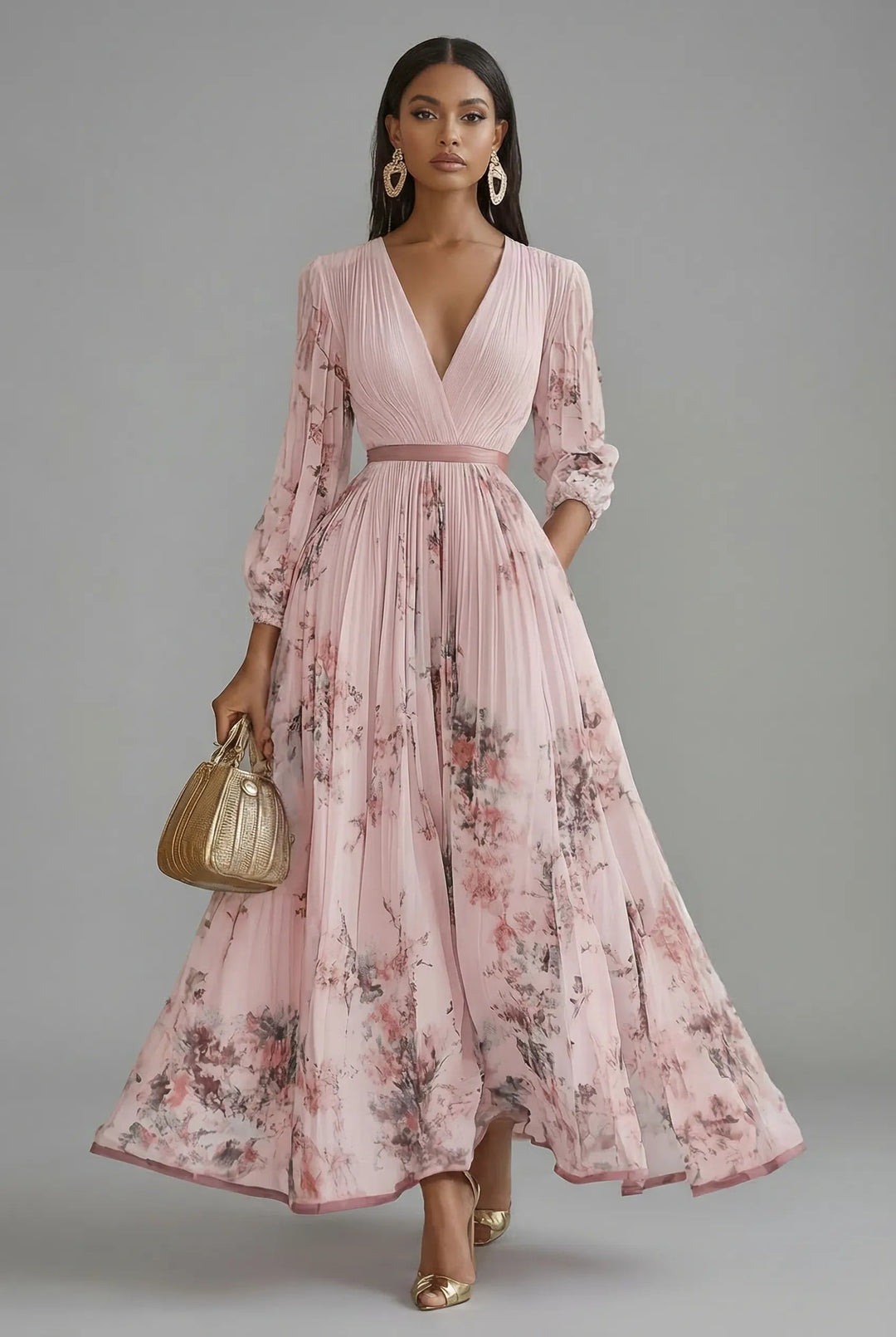Women's Long Sleeve Floral Maxi Wedding Guest Dress with V-Neck
